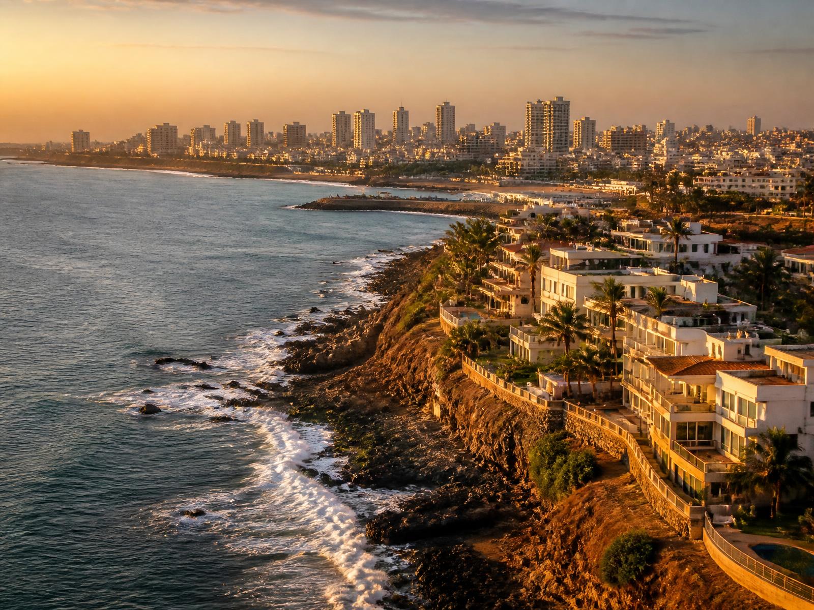 A West African city skyline at dusk