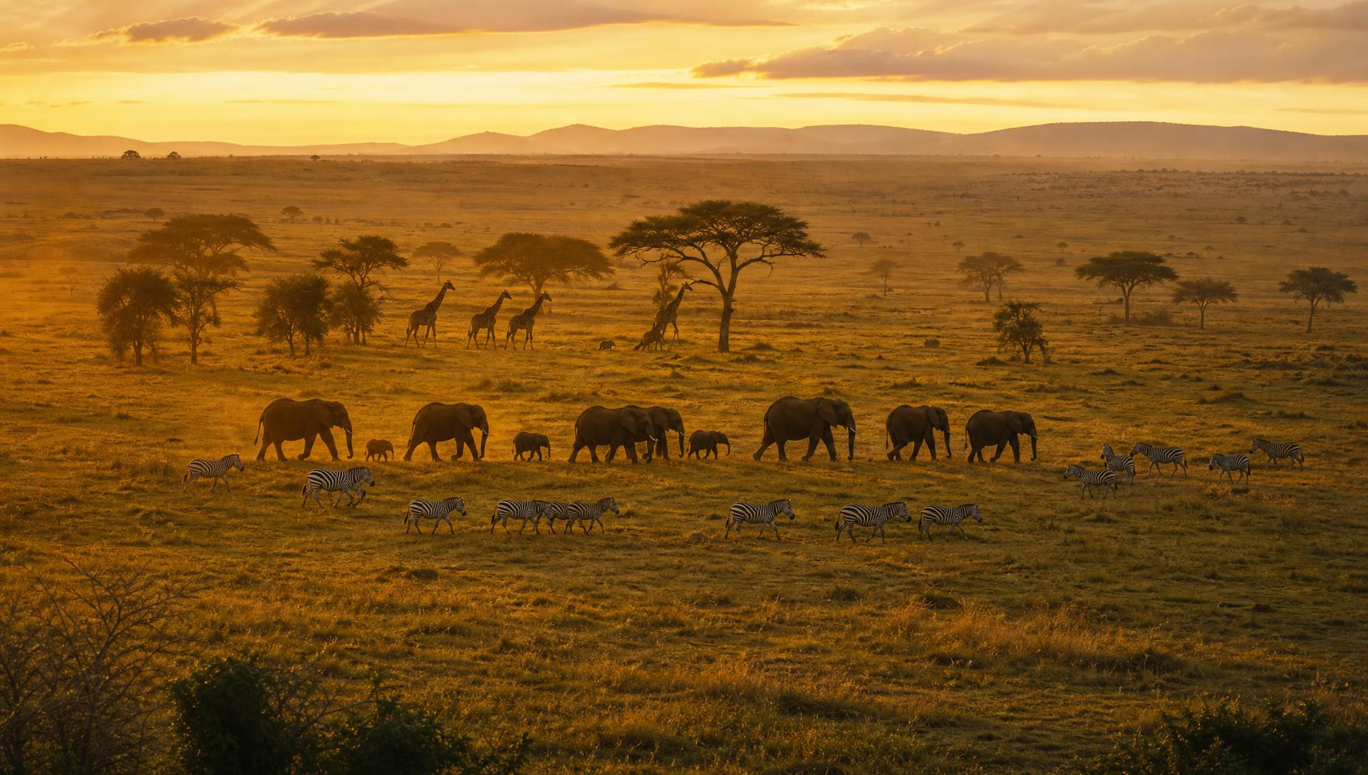 Wildebeest herds crossing the Serengeti plains